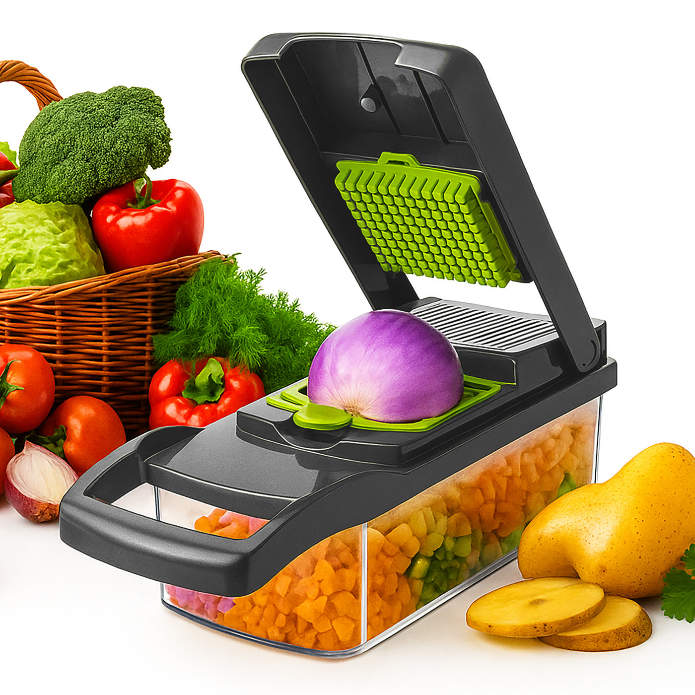 Rebanador de Verduras Multiusos · Set 16 Piezas color Negro