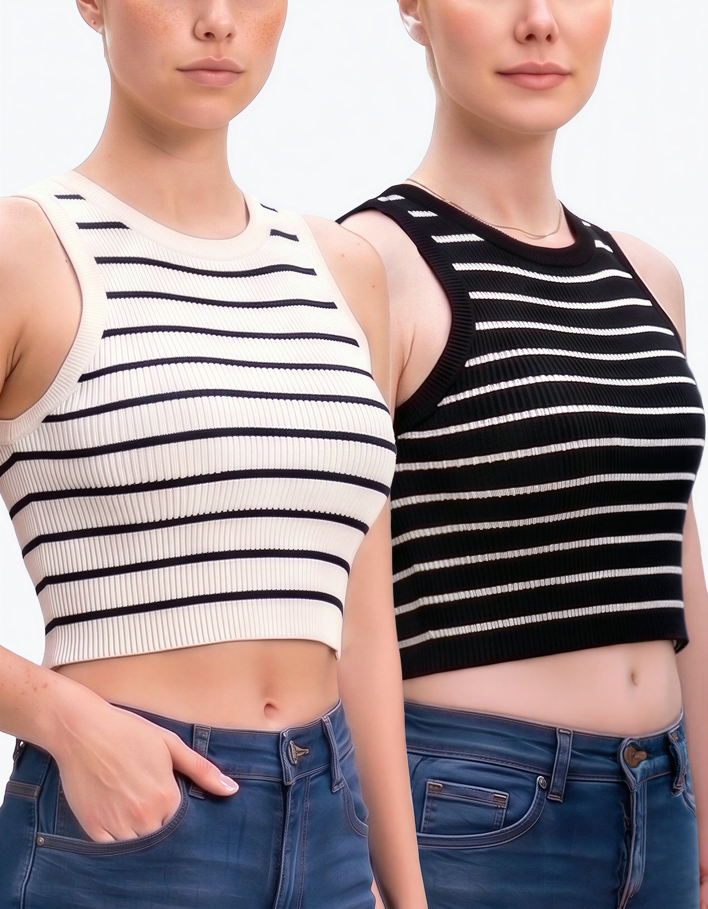 Top Mujer Tirantes Acanalado color Negro con Líneas Blancas