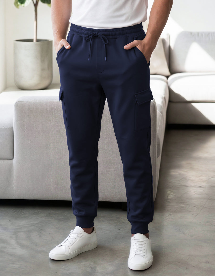Pants Jogger Cargo Hombre Fleece con Bolsillos Laterales color Azul Marino