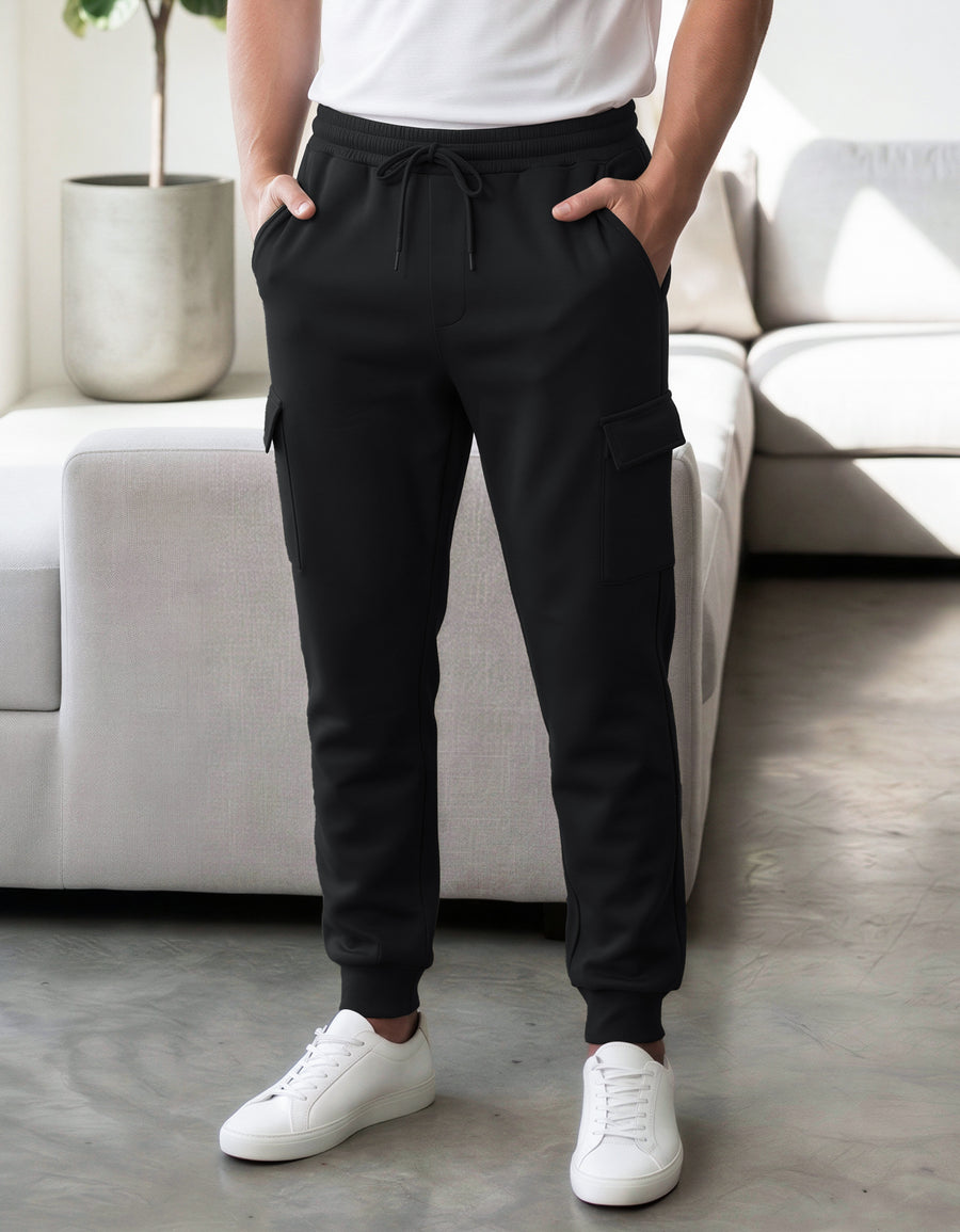 Pants Jogger Cargo Hombre Fleece con Bolsillos Laterales color Negro