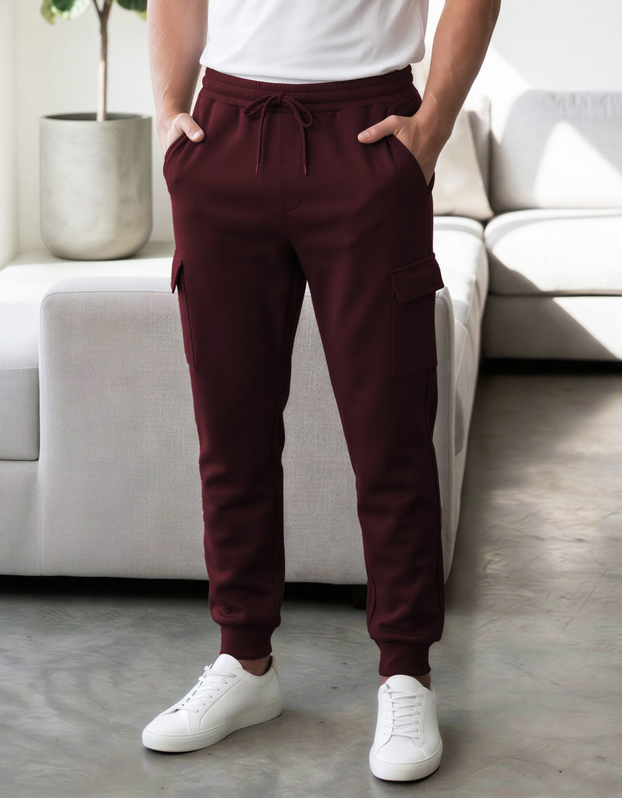 Pants Jogger Cargo Hombre Fleece con Bolsillos Laterales color Vino