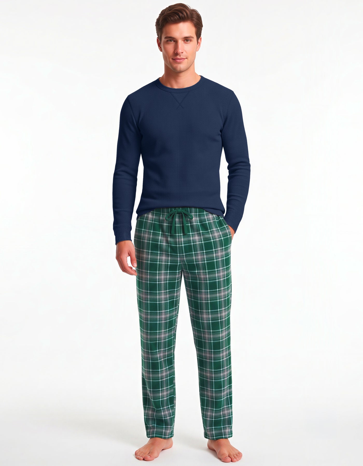 Conjunto Térmico Playera y Pants Polar · 2 Piezas (M5235) color Azul Marino / Cuadros verde