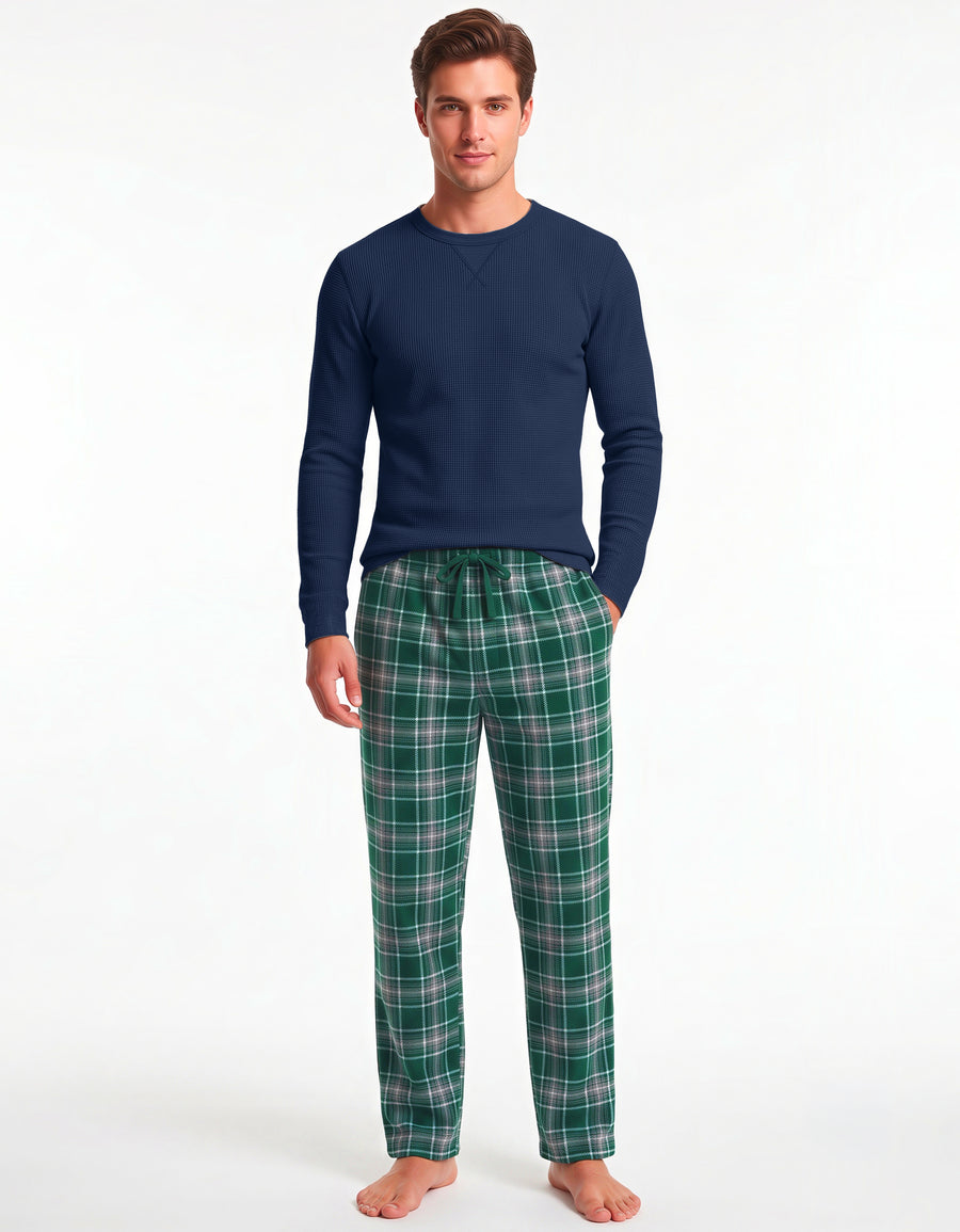 Conjunto Térmico Playera y Pants Polar · 2 Piezas (M5235) color Azul Marino / Cuadros verde