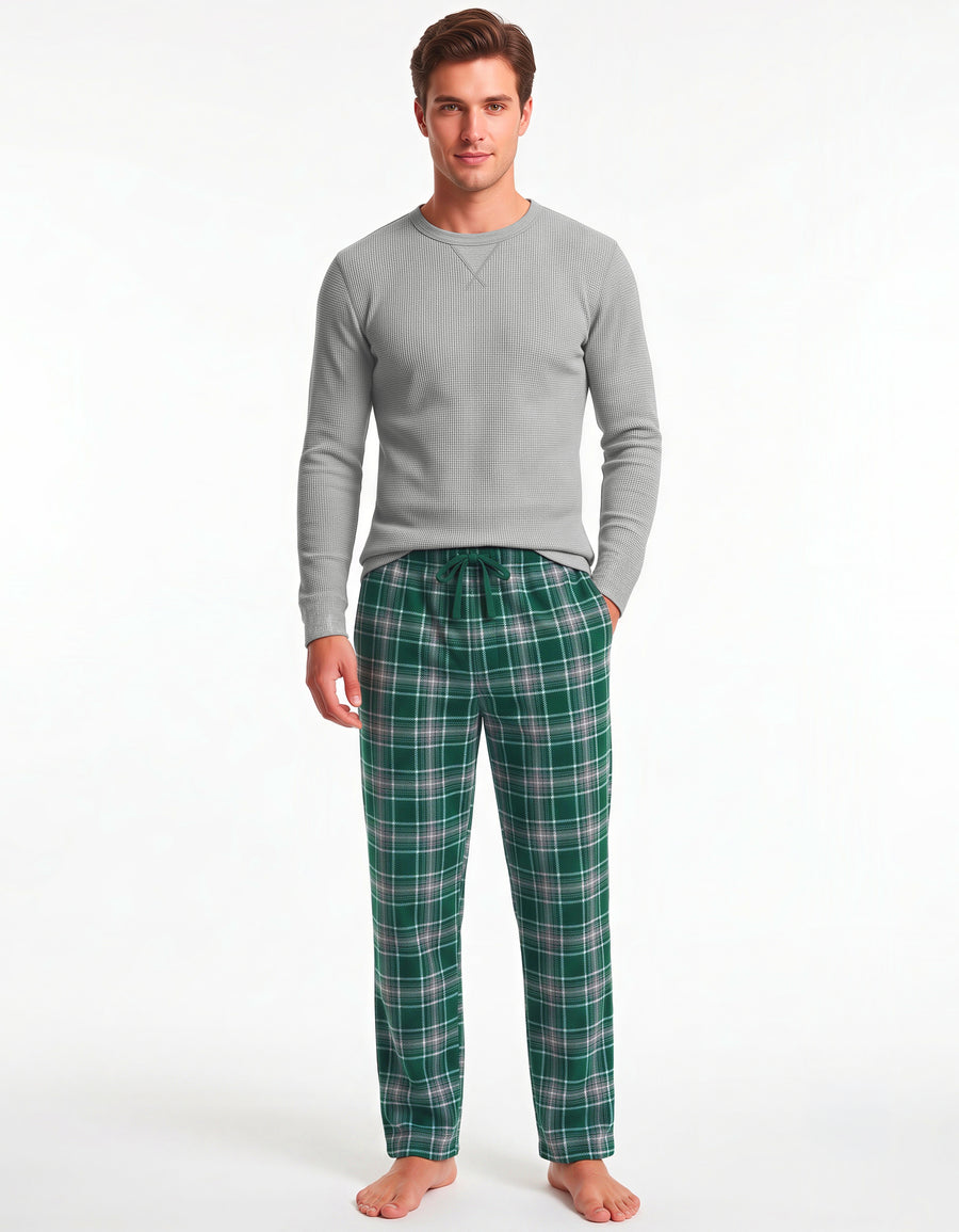 Conjunto Térmico Playera y Pants Polar · 2 Piezas (M5236) color Gris Jaspe / Cuadros verde